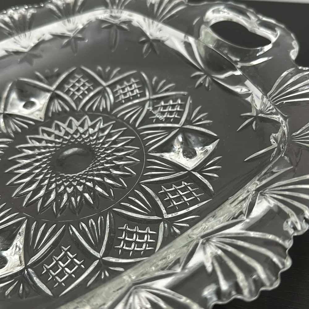Pasari Indonesia VTG Heavy Pressed Glass Three Foot Open Handle Serving Dish